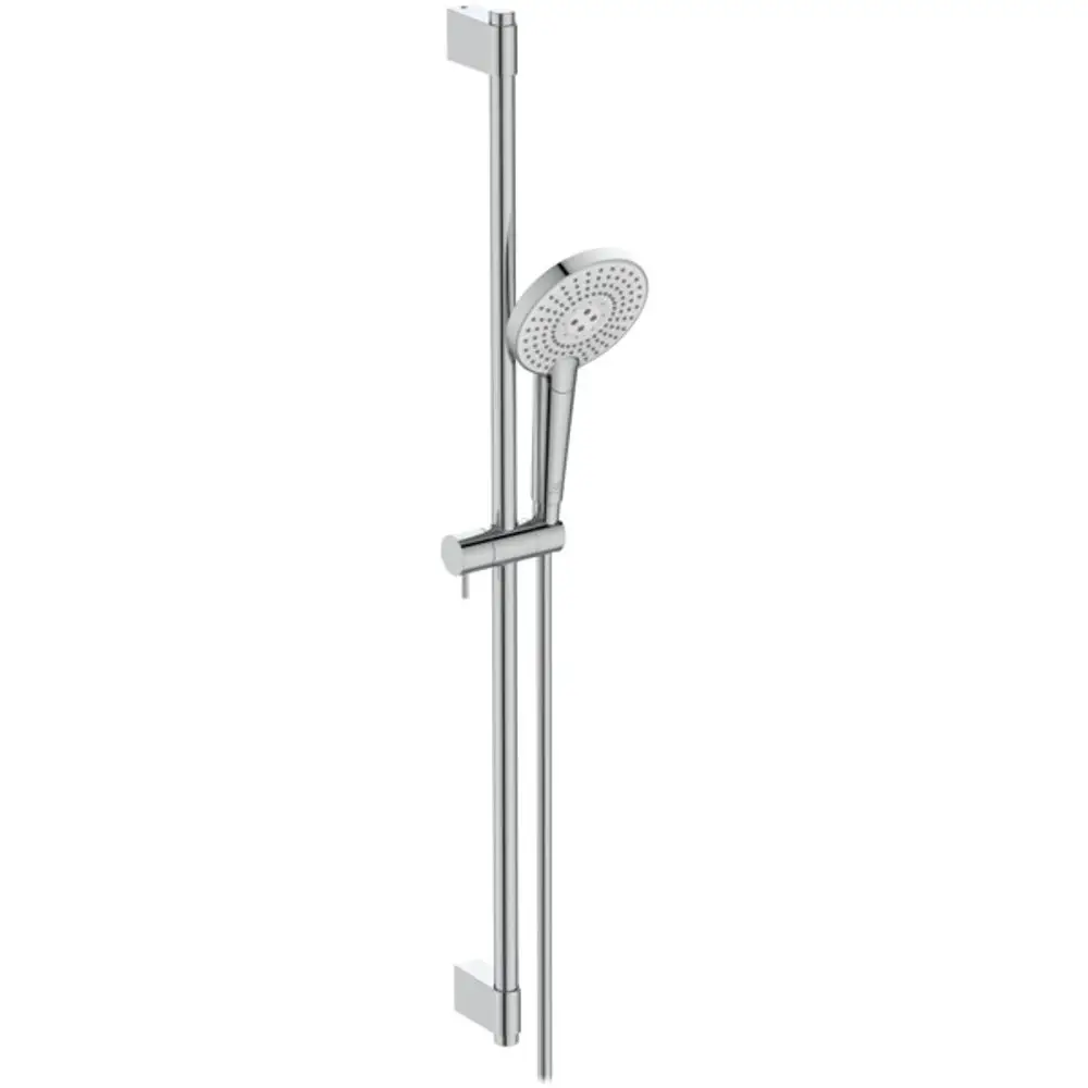 Brausekombination von Ideal Standard mit einer Handbrause und einer verstellbaren Halterung, montiert an einer senkrechten Stange, in Chromoptik.